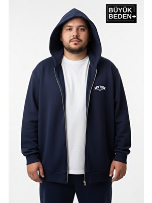 Superlife Erkek Büyük Beden Fermuarlı Kapüşonlu New York Baskılı Ince Sweatshirt Hırka SPR26BHR923