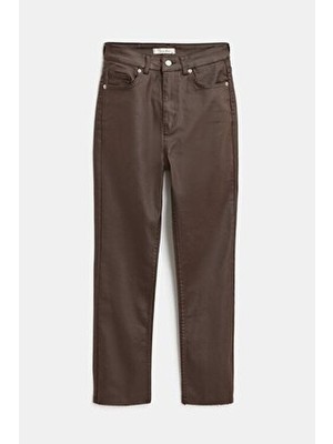 Saade Kadın Mumlu (Waxed) Yüksek Bel Düz Kesim Likralı Jean Pantolon - Paça Detaylı