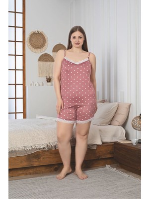 Asel Büyük Beden Kalp Desen Şortlu Likralı Milan Kumaş Pijama Takım