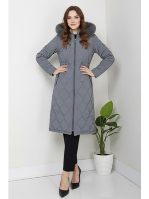 Hiramir Kadın Yeni Sezon Fermuarlı Belden Bağcıklı Novam Kumaş Kaban Taş KS2551