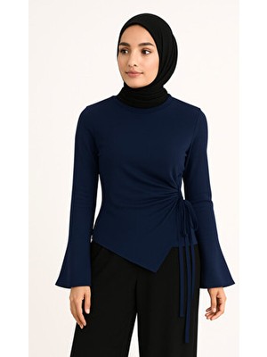 El Moda Lacivert Sendy Kumaş Yan Bağcıklı Şık Bluz