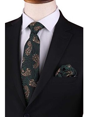 Kravatkolik Yeşil - Kahve Şal Desen Mendilli Klasik Kravat KK13302