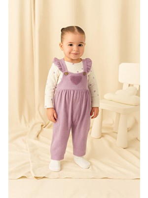 Buufuu Kız Bebek Takım Fırfırlı Askılı Tulum ve Kalpli Body Waffle Kumaş 3-6 Ay Çok Renkli