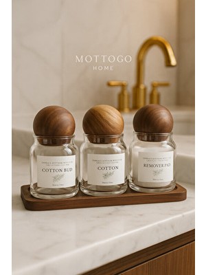 Mottogo 3’lü Cam Kavanoz Banyo Seti – Akasya Kapaklı Pamukluk & Kulak Çubuğu Kutusu 3 Bölmeli Ahşap Stant