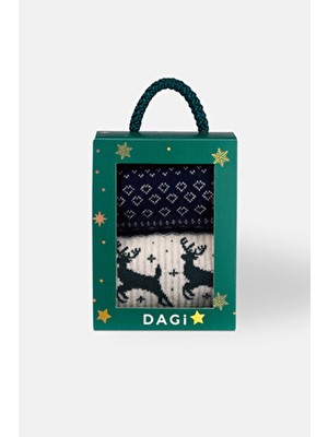 Dagi Lacivert-Yeşil Erkek 2'li Geyik Desenli Yılbaşı Çorap