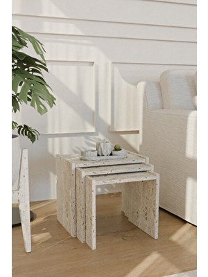 Traverten Mermer Desen 3lü Zigon Seti Modern Zigon Sehpa Koltuk Sehpası Yan Sehpa Servis Sehpası