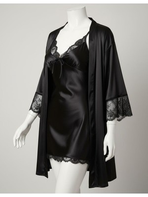 Aria's Closet Siyah Dantel Işlemeli Ince Askılı Saten 2'li Gecelik Sabahlık Takımı