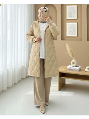 Modamorfo Kapşonlu Cepli Fermuarlı Astarlı Kapitone Mont-Bej