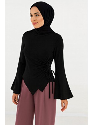 El Moda Siyah Büzgü Detaylı Asimetrik Sandy Bluz – Uzun Kollu
