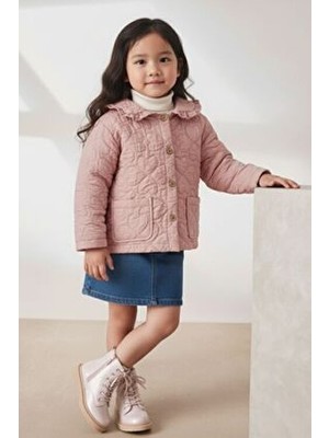 Minipodyum Pembe Kalp Desenli Cepli Düğmeli Kapitone Kız Çocuk Ceket Uzun Kol Günlük Stil