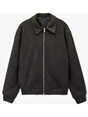 Koton Uzun Kollu Cepli Fermuarlı Gömlek Yaka Kaşe Bomber Ceket