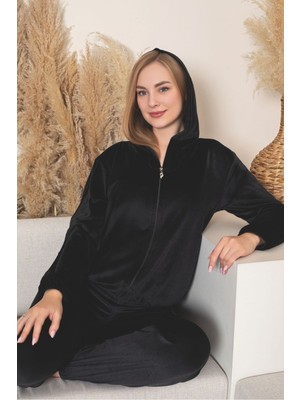 Asel Kadın Kapşonlu Yeşil Renk Kadife Uzun Kollu Lastikli Takımı