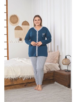 Asel Büyük Beden Uzun Kol Boydan Düğmeli Pamuklu Kumaş Pijama Takım