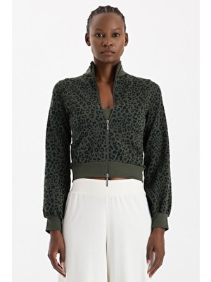 Bomber Ceket Leopar Desenli Koyu Yaprak Yeşili