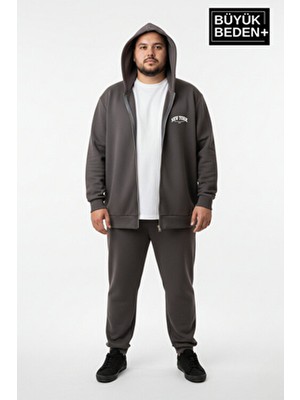 Superlife Erkek Büyük Beden Fermuarlı Kapüşonlu New York Baskılı Ince Sweatshirt Hırka SPR26BHR923