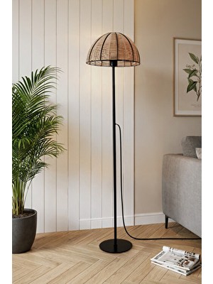 Marrien Linea Siyah Metal Ayaklı Doğal Ip Başlıklı Lambader - 35CM Geniş Başlık Bohem Salon Lambası