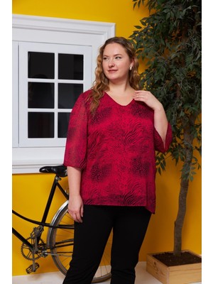 Rmg V Yaka Desenli Büyük Beden Fuşya Bluz