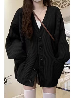 Tarz Cool Kadın Oversize Cepli Düğmeli V Yaka Triko Hırka