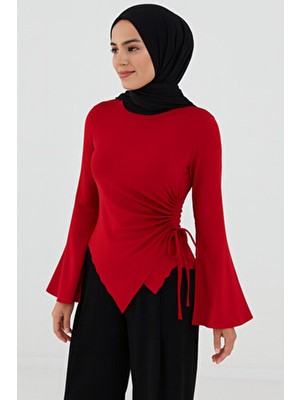 El Moda Kırmızı Büzgü Detaylı Asimetrik Sandy Bluz – Uzun Kollu