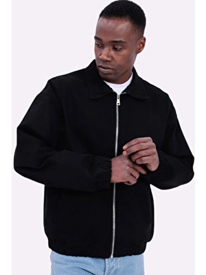 Freemen Erkek Basic Gabardin Kumaş Fermuarlı Oversize Mevsimlik Polo Yaka Siyah Ceket