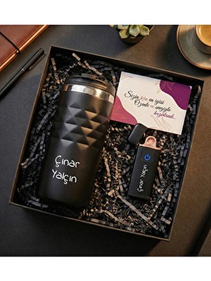 vegahediye v vega Siyah Kişiye Özel Geometrik Termos Bardak 300 ml & USB Alevsiz Elektrikli Çakmak Seti