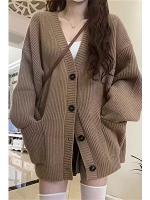 Tarz Cool Kadın Oversize Cepli Düğmeli V Yaka Triko Hırka