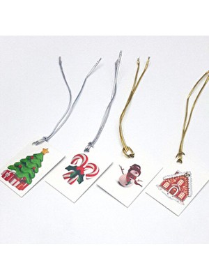 Bimotif 4lü Yılbaşı Ağaç Süsü Çok Renkli Sallantı Kartı 4x6 cm İpler Dahil Ev Dekoru
