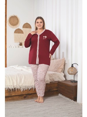 Asel Büyük Beden Uzun Kol Boydan Düğmeli Pamuklu Kumaş Pijama Takım
