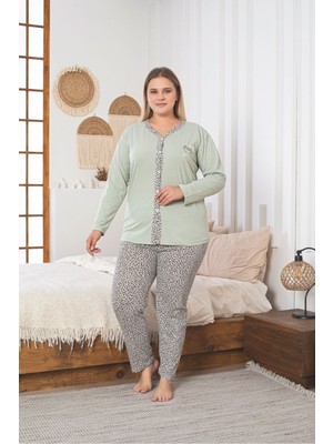 Asel Büyük Beden Uzun Kol Boydan Düğmeli Pamuklu Kumaş Pijama Takım