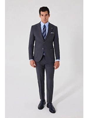 Sabri Özel Erkek Gri Dar Kesim Slim Fit %100 Yün Mono Yaka Çizgili Çift Yırtmaçlı 6 Drop Takım Elbise