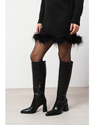 Nişantaşı Shoes Boris Siyah Rustik Desen Fermuar Detay Kalın Topuklu Kadın Çizme