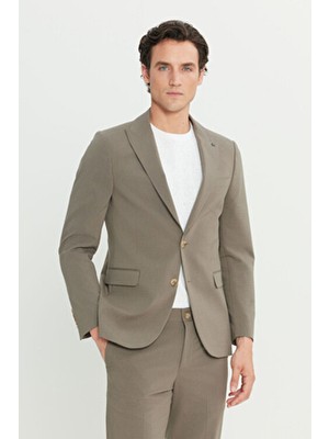 Altınyıldız Classics Erkek Vizon Pamuklu Slim Fit Dar Kesim Kırlangıç Yaka Kapak Cepli Çizgili Esnek Takım Elbise