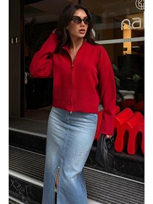 Madmext Kırmızı Çift Fermuarlı Dik Yaka Kadın Triko Hırka Düz Akrilik Kumaş Özellikli MG2505