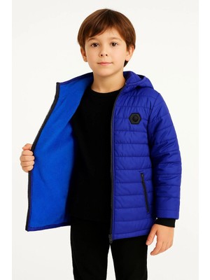 Array Erkek Çocuk Mont Içi Pelüş Kürk Astarlı, Kapüşonlu Fermuarlı Kışlık Şişme Sıcak Tutucu Mont - Saks Mavisi