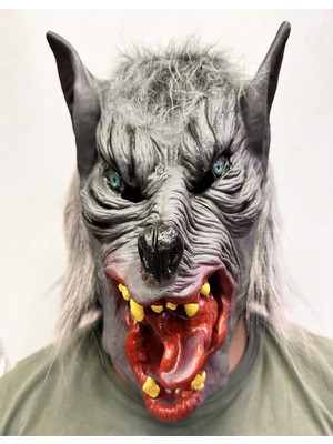 Kafaya Tam Geçmeli Lateks Dil Çıkaran Mavi Gözlü Kurt Maskesi CHN-T775