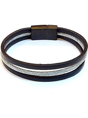 Herşey Nota Steel Line – Gümüş Halat Detaylı Siyah Erkek Deri BILEKLIK-1442