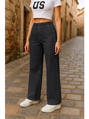Cedy Denim - Likralı Kumaş Cepsiz Beli Lastikli Palazzo Pantolon C640-ANTRASIT
