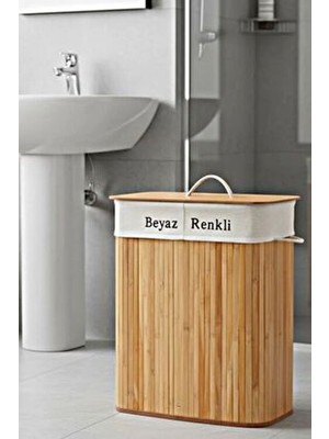 Decostyle Bambu Çift Hazneli Çamaşır Sepeti – Bej | Kirli Ayrıştırmalı Kapaklı Çamaşır Organizer