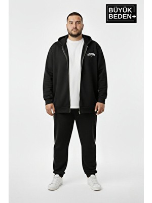Superlife Erkek Büyük Beden Fermuarlı Kapüşonlu New York Baskılı Ince Sweatshirt Hırka SPR26BHR923