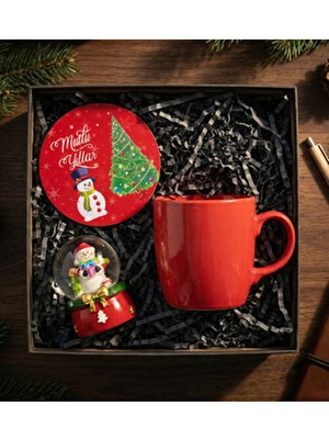 Yılbaşı Hediye Seti (Yılbaşı Kar Küresi - Bardak Altlığı - Kırmızı Kupa)