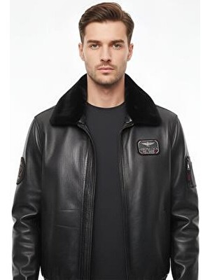 Deriderim Siyah Top Gun Kadın Hakiki Deri Kürk Yakalı Pilot Mont Slim Fit Günlük Stil