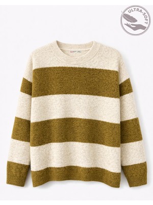 Mixray 7018 Kadın Yün Karışımlı Yumuşak Dokulu Basic Çizgili Kazak Yağ Yeşili