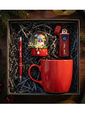 Kişiye Özel Kırmızı Dokunmatik USB Çakmak & Yılbaşı Kar Küresi & Kalem & Kırmızı Kupa Hediye Seti