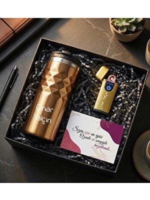 vegahediye v vega Kişiye Özel Geometrik Termos Bardak 300 ml Sarı & USB Alevsiz Elektrikli Çakmak Hediye Seti