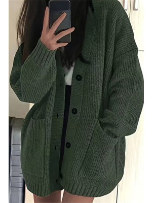 Tarz Cool Kadın Oversize Cepli Düğmeli V Yaka Triko Hırka