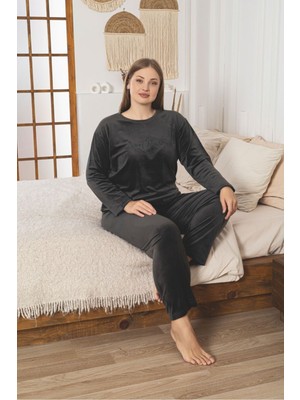 Asel Büyük Beden Taş Rengi Uzun Kollu Kadife Pijama Takımı