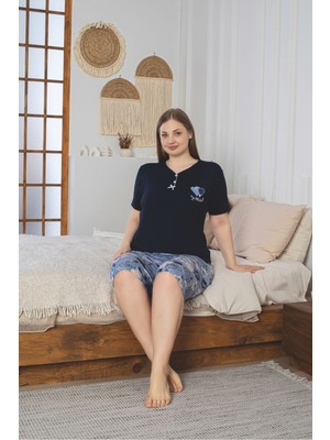 Asel Büyük Beden Likralı Penye Kumaş Kapri Pijama Takım