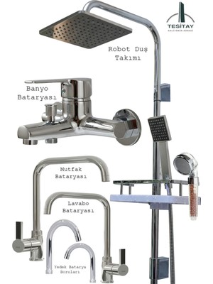 Tesitay Mutfak Lavabo Banyo Bataryaları ve Geniş Şampuanlıklı Robot Duş Seti Pier Serisi
