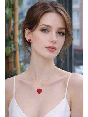 Myth Atelier Scarlet Hearth Kırmızı Kalp Figürlü Küpe ve Kolye Seti - Şık ve Zarif, Sevgililer Günü, Hediye