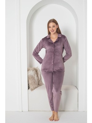 Asel Kahverengi Renk Boydan Düğmeli Kadın Kadife Pijama Takımı